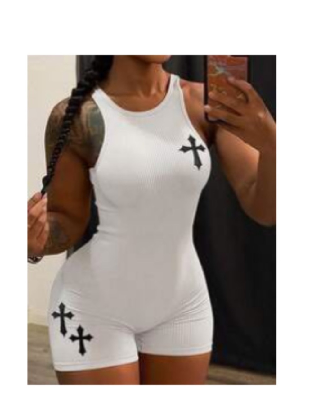 White Ribbed Sleeveless Cross Applique Romper